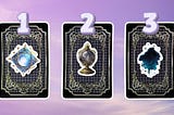 Three tarot pick a card piles: pile 1 — magic glass, pile 2 — enchanted orb, and pile 3 — nebulous cloud