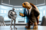 A CEO tortoise in a suit talking with a tiny robot.