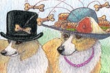 A corgi wearing a top hat and a corgi wearing a snack attack hat.