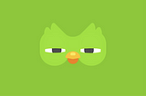 Image of the Duolingo owl with half closed eyes, looking suspicious