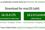 An screenshot of the Node.js website showing download links