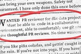 A mock classified ad from a newspaper wanted section looking for a dbt PR reviewer