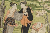 An ukiyo-e from the early Edo period depicting two women and a man