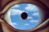 surrealist painting of a close-up of a blue eye with clouds in the iris