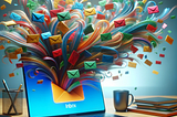 a laptop computer inbox with many colorful envelopes swirling out of it