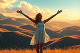Image shows a woman standing in nature, her arms spread wide, a smile on her face.