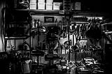 Grayscale photograph of metal tools