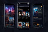 OTT streaming app interface on smartphones displaying video library, search, and playback features in a modern UI design.