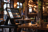 A modern restaurant’s wooden table featuring an interactive digital menu display, with the inviting glow of ambient lighting and cozy decor in the background.