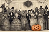 Black and white sketch of a Halloween party with actual monsters, zombies, skeletons, and witches