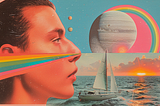 vintage collage of a man, spcae, rainbow, sailboat and sunset. AI image created on midjourney by henrique centieiro and bee lee.