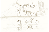 Kids around a campfire telling each other stories. The stories are illustrated in the style of cave paintings, including pre-historic animals, hunters, robots, and spacecraft.