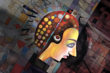 The digital illustration “Banging Heads” portrays a cubist rendition of a young person in a moment of intense expression. The face is captured mid-motion, as if in contact with an unseen barrier, emphasizing a sense of impact. The style is abstract, with geometric shapes and contrasting colors fragmenting the image, which may symbolize the inner turmoil and frustration often experienced by those on the autism spectrum when confronted with overwhelming situations.