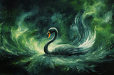 a black swan with green swirls and flames around it