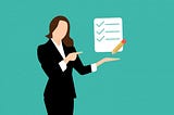 Woman in business suit pointing at a checklist