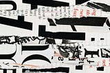Layered collage of torn black-and-white text and typography fragments, creating a fragmented and abstract composition.