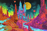 strange colorful psychedelic desert castle in the style of Moebius and giger, pastel colors in the style of Moebius, Satoshi Kon and Peter Max. AI image created on MidJourney V6 using the new “Describe” feature by the author.