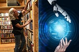 An image of a woman with gray hair in a used bookstore and an image of a robotic hand meeting a human hand, both touching the globe.
