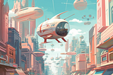 Illustrate a futuristic cityscape with sleek buildings, flying vehicles, and futuristic technology, using clean lines and a modern color palette.