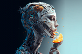 An AI robot woman eating juicy, dripping fruit which represents human creativity—Image by a prompted Midjourney