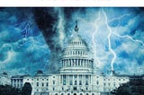 Cover Art of the book Directing the Whirlwind: Image of a tornado hitting Washington, DC capitol building. Peter Lang 2020