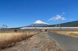 Shinkansen train running with Mt. Fuji in the back ground