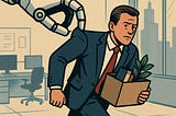 IMAGE: A robotic arm grabs a surprised businessman by the shoulder, dragging him out of a modern office while he clutches a cardboard box of personal items