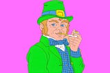Leprechaun smoking a pipe against a pink background.