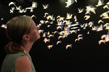 The author standing in front of a projection of animated birds.