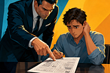 A tense scene shows a person signing a document while another figure stands over them, creating a sense of pressure, imbalance, and unclear consent.