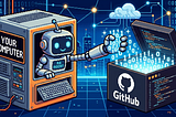 A box marked “YOUR COMPUTER” with an AI agent reaching across to a box marked GitHub and grabbing a handful of 1s and 0s