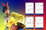 Josie Rizal from Tekken 7 beside 4 cards I designed as part of the Tekken project.