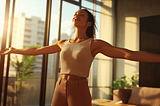 A woman stands in a sunlit loft, arms wide open, eyes closed, and smiling, embracing the morning light.