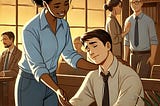 Woman showing man compassion an office setting.