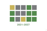 Three rows of five squares, colored yellow, grey, and green. Below the rows is the text “2021–2027”
