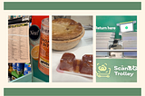 Three pictures depicting a shopping directory, a ketchup package and the scan and go trolley from the supermarket