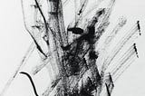 Contemporary art: graphic of black ink smeared in thin abstract lines over white background.