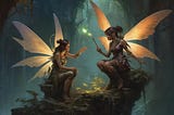 Two dark-skinned fairies in a forest trying a spell.
