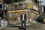Yakuza 0: Director’s Cut protagonist Kiryu stands in front of a shop called Smile Burger on a busy day in the city.