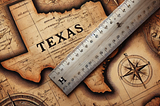 Antique map of Texas in tan tones overlaid with a silver metal ruler.
