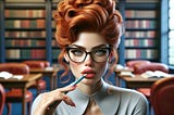 A female librarian sits with a pencil in her mouth in a library