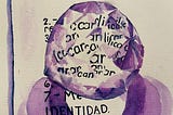 A purple-ink drawing of a window prism covering a Spanish worksheet. The facets distort and repeat the text under them.