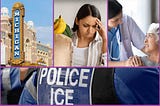 collage of 4 photos: a theater that says MICHIGAN, someone with a grocery bag who looks like they have a headache, a nurse holding the hand of an elderly person, and a vest that says POLICE ICE