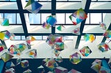 Colorful cubes hanging from ceiling