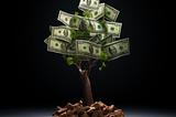 A photorealistic image which shows a tree where most of the leaves are $10 bills. The tree is in front of a black background and the tree is growing out of what looks like oversized mulch.