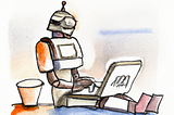 A robot sitting with a laptop on their lap. It’s in the style of a water colour pencil sketch. This image was created by Dall•e 2 and features their watermark
