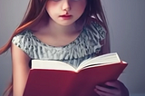 Depicting a girl reading a thick book intently without a care in the world.