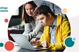 Photo of a student with Down Syndrome working on a laptop with an adult beside them. Center on Inclusive Technology & Education Systems logo.