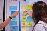 Our Product Manager guiding a participant through a User Story Mapping workshop done on post-its and whiteboard.