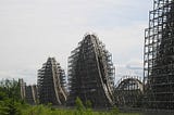 A long view of the hills of the Shivering Timbers roller coaster at Michigan’s Adventure.